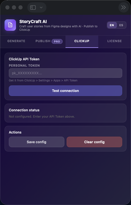 ClickUp tab — API token + connection test