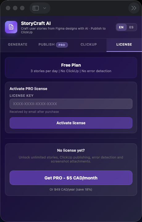 License tab — free vs PRO plans